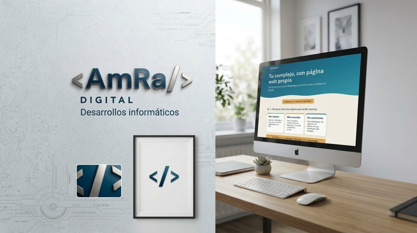 AmRa Digital, desarrollos informáticos: logo en la pared y una página web en una computadora
